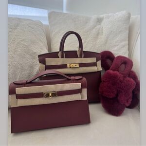 Burgundy Faux Fur slip on slide Slippers with open square toe cushioned insole